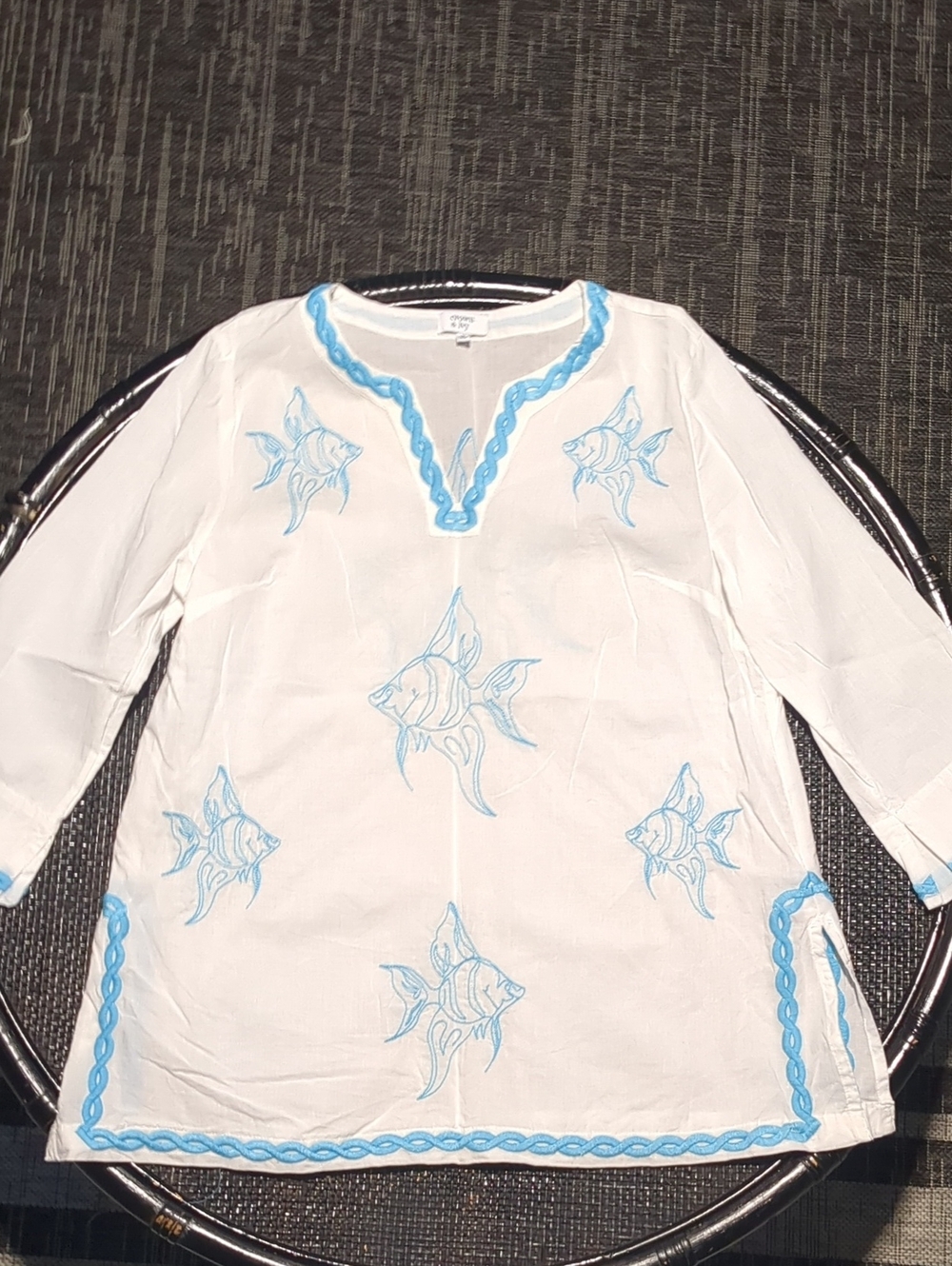 crown & ivy White Tunic with Light Blue Fish Embroidery